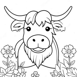 Cute Highland Cow With Flowers Coloring Page 17515-14706