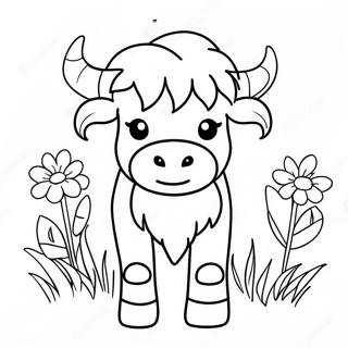 Cute Highland Cow With Flowers Coloring Page 17515-14707