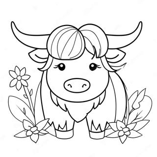 Cute Highland Cow With Flowers Coloring Page 17515-14708