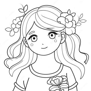 Cute Long Hair Anime Girl With Flowers Coloring Page 22944-21094