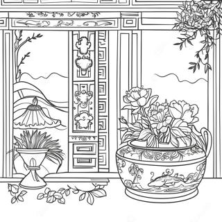 Elegant Chinoiserie Scene Coloring Page 23434-21486