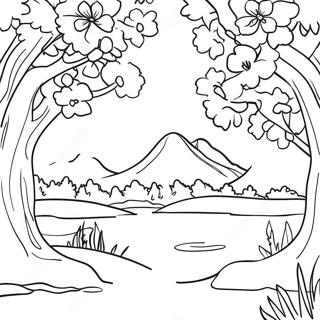 Beautiful Cherry Blossom Scene Coloring Page 25066-22948