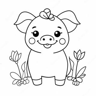 Adorable Kawaii Pig With Flowers Coloring Page 25296-23129