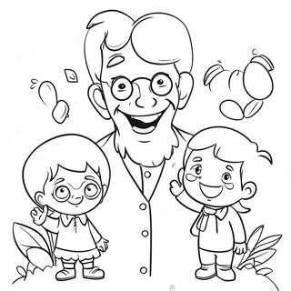 Cheerful Grandpa With Grandkids Coloring Page 31349-28073