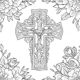 Intricate Cross With Roses Coloring Page 35044-29169