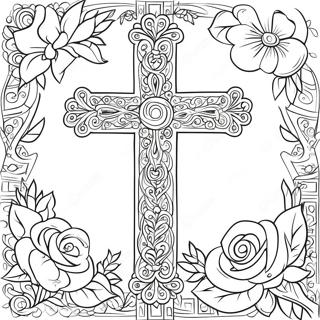 Intricate Cross With Roses Coloring Page 35044-29171