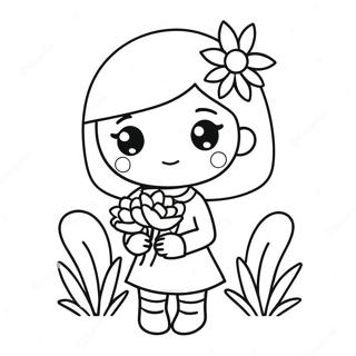 Adorable Kawaii Girl Holding Flowers Coloring Page 37426-31157