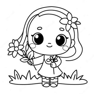 Adorable Kawaii Girl Holding Flowers Coloring Page 37426-31159