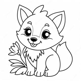 Playful Kawaii Wolf With Flowers Coloring Page 39648-32903