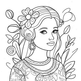 Elegant Girl With Flowers Coloring Page 4652-3741