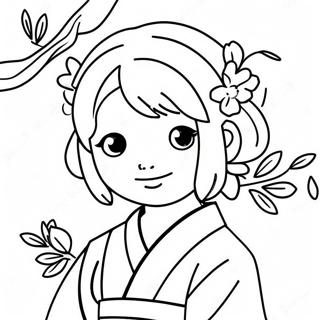 Cute Japanese Girl With Cherry Blossoms Coloring Page 49025-40722