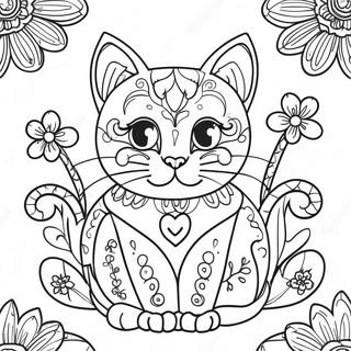 Colorful Sugar Skull Cat With Flowers Coloring Page 56822-47223