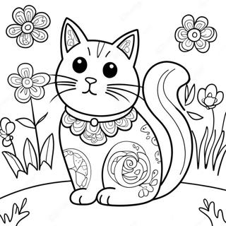 Playful Cat Surrounded By Blooming Flowers Coloring Page 61577-51047